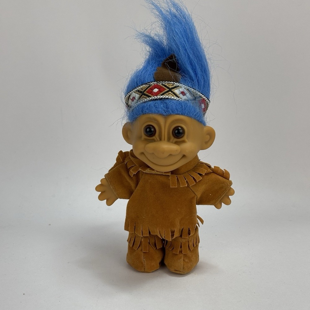 VTG Russ Native American Indian Blue Hair Troll Doll Headband Outfit 90s